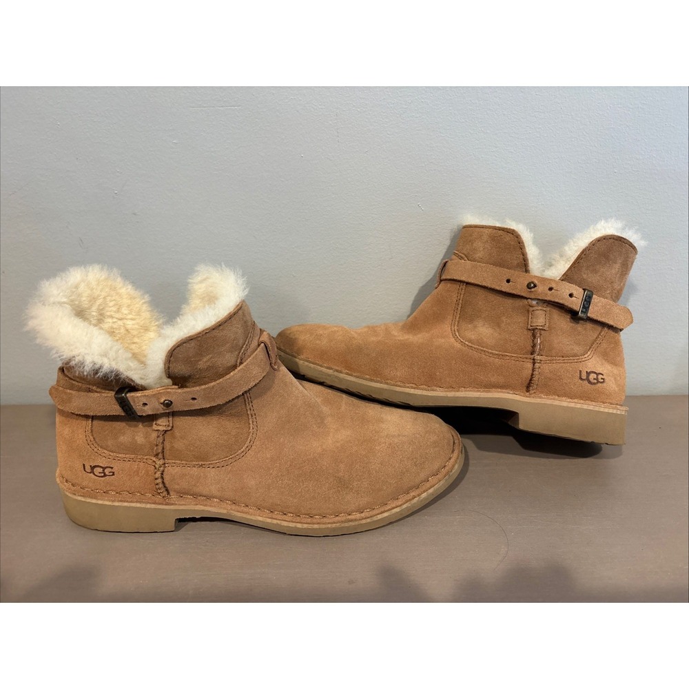 UGG Elisa Boots Women Size 8 Shoes Brown Suede Shearling Lined Ankle Booties